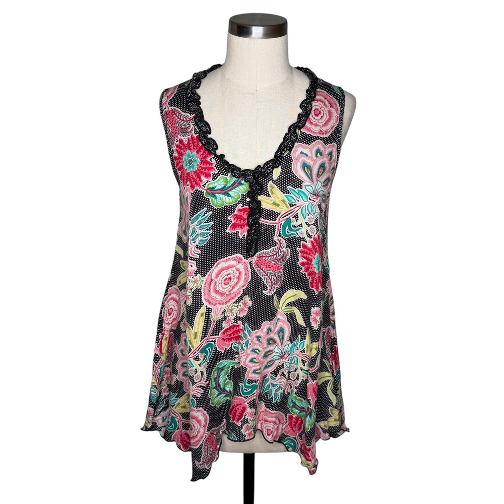 LOCO LINDO Tunic‎ Top Black Floral Polka Dot Boho Women's Size Medium Colorful